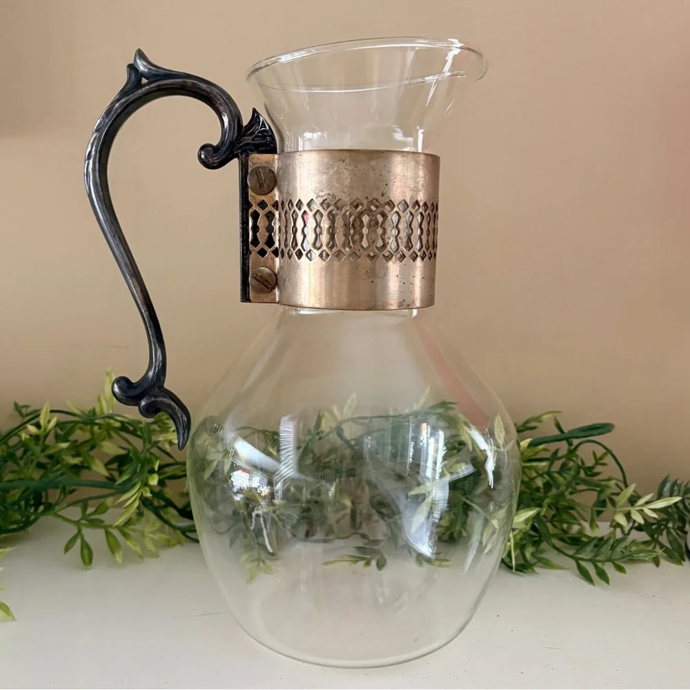 Vintage Corning Glass Coffee or Tea Carafe Pitcher with Metal Collar and Handle